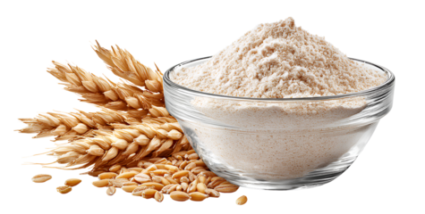 Wheat flour in a glass bowl with wheat ears and grains isolated on transparent background
