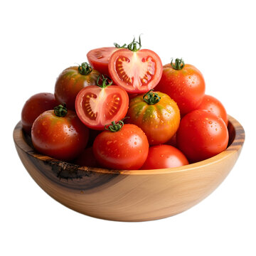 A wooden bowl filled with fresh, ripe red tomatoes, with some sliced in half to show the juicy interior, isolated on a white background.