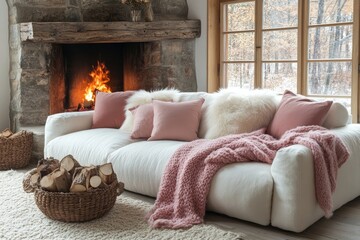 White sofa with pink pillows and fur and woolen blankets near fireplace. Scandinavian hygge home interior design of modern living room, Generative AI