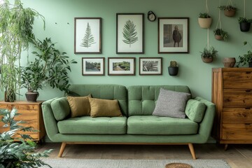 Cozy green sofa and wooden furniture against light green wall with poster frames. Scandinavian home interior design of modern living room, Generative AI