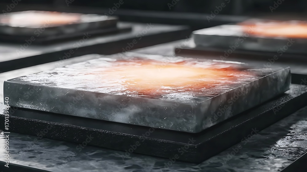 Poster abstract artwork of glowing square plates on dark surface with textured background