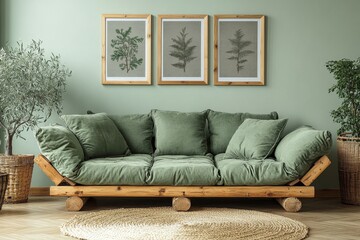 Cozy green sofa and wooden furniture against light green wall with poster frames. Scandinavian home interior design of modern living room, Generative AI