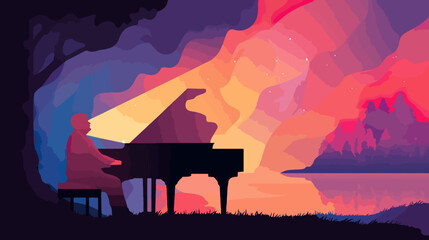 Person playing piano outdoors sunset silhouette