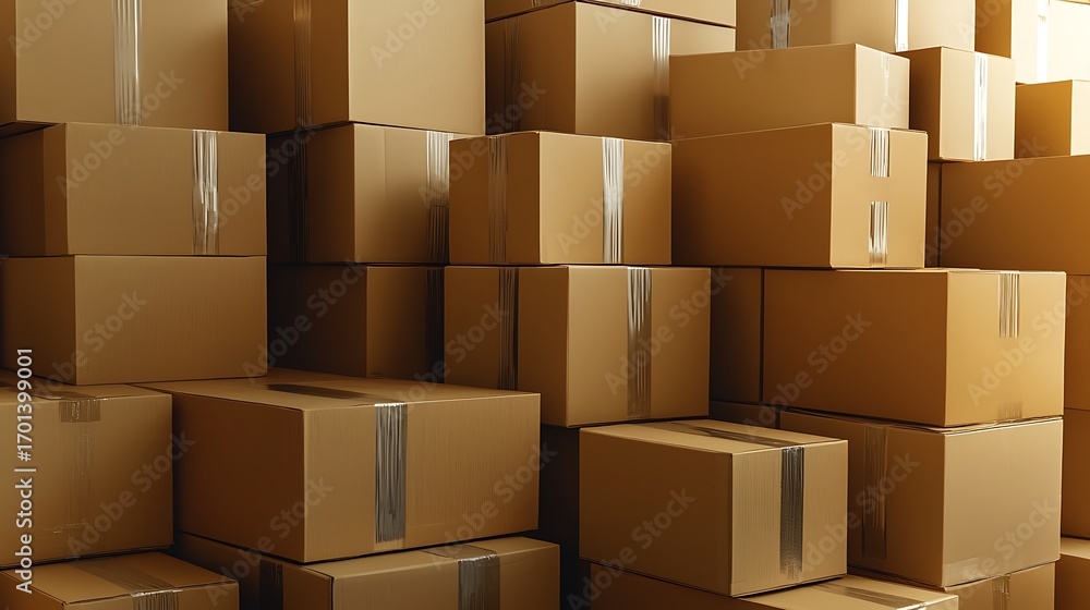 Poster piles of cardboard boxes stacked neatly in warehouse storage area ready for distribution