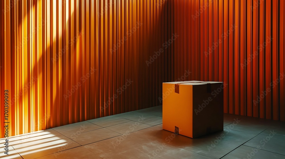 Poster empty room with orange walls and a single box in the center casting shadows