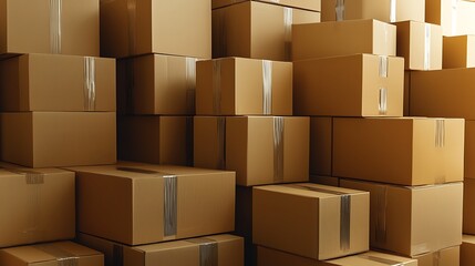 Piles of Cardboard Boxes Stacked Neatly in Warehouse Storage Area Ready for Distribution
