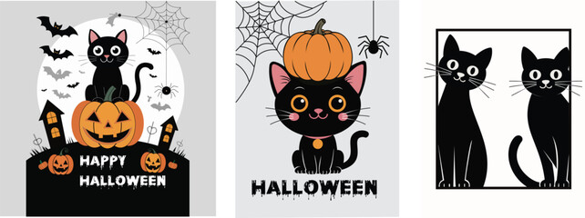 Cute Black Cat Halloween Illustrations with Pumpkins and Spooky Elements