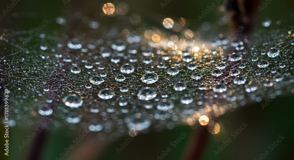 Wall mural dewcovered spiderweb water droplets clinging to the threads shimmering in the sunlight with blurred 