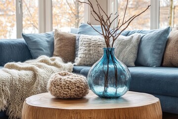 Glass vase with twig on round wooden coffee table near cozy blue sofa with fur blanket and knitted pillows. Scandinavian hygge home interior design of modern living room, Generative AI