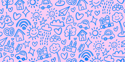Whimsical blue doodle pattern of childrens drawings on a pink background