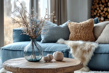 Glass vase with twig on round wooden coffee table near cozy blue sofa with fur blanket and knitted pillows. Scandinavian hygge home interior design of modern living room, Generative AI