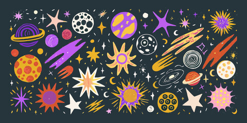 Whimsical hand drawn space pattern with planets stars and comets in vibrant colors © Dibyendu