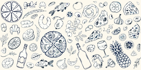 A whimsical hand drawn collage of delicious food and drink items in blue and white