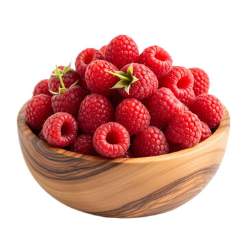 A wooden bowl overflowing with fresh, ripe red raspberries, isolated on a white background.