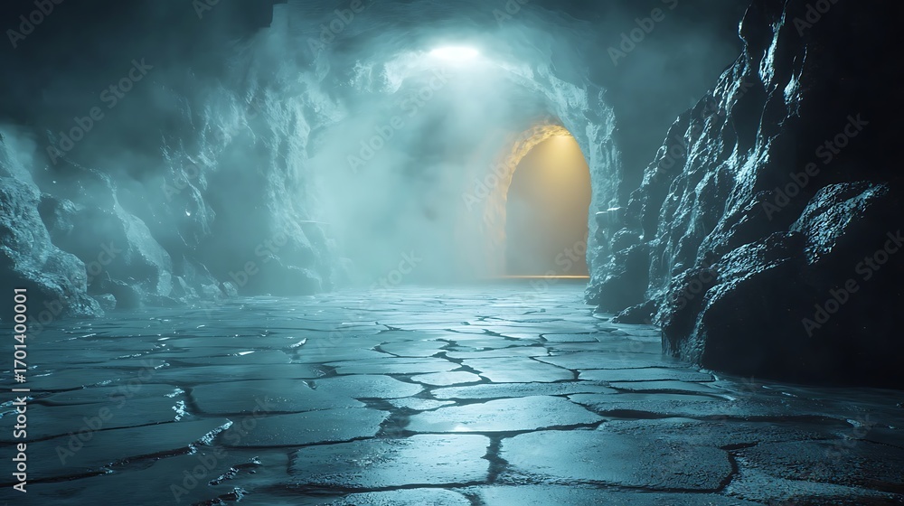 Poster mysterious cave passage with fog and glow from illuminated archway displaying dramatic atmosphere