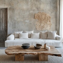 White sofa and wood live edge stamp coffee table against stucco wall. Minimalist rustic interior design of modern living room, Generative AI