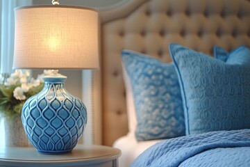 Close up of blue ceramic lamp on nightstand near bed with beige fabric headboard and blue pillows and blanket. French country, provence interior design of modern bedroom, Generative AI