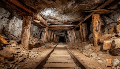 Ancient mine tunnel, wooden beams, rail track