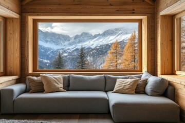 Corner sofa in room with wooden lining paneling wall and ceiling. Minimalist home interior design of modern living room in chalet, panoramic window with great winter snow mountain, Generative AI