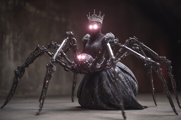 	A spider queen costume with eight mechanical spider legs attached, dark web-patterned gown, glowing red eyes, and shimmering black crown 