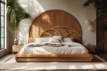 Wood bed with beige bedding. Scandinavian interior design of modern bedroom, Generative AI