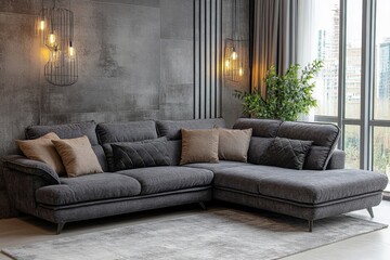 Grey corner sofa against concrete wall with copy space. Minimalist home interior design of modern living room, Generative AI