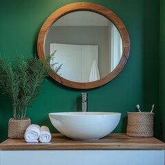White counter with ceramic vessel and chrome faucet, round mirror on green wall. Interior design of modern bathroom, Generative AI