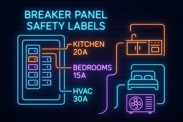 Fototapeta premium Neon Electrical Panel Safety and Circuit Guide for Home Improvement Infographics