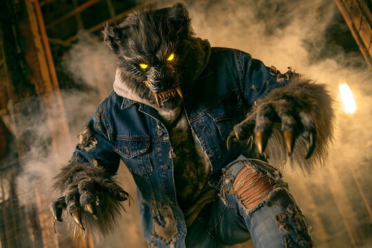 	A werewolf costume with thick fur details, sharp clawed gloves, torn jeans, and a mask with glowing yellow eyes and bared teeth 