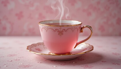 Fototapeta premium Steaming pink tea cup cozy setting beverage photography elegant atmosphere warm perspective comfort concept