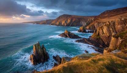 Dramatic coastal cliffs at sunset