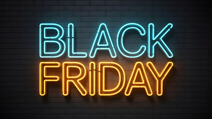 Get ready for Black Friday savings with vibrant neon sale sign on brick wall background