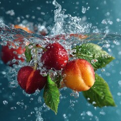 summer fruits and leaves in splashing clear water
