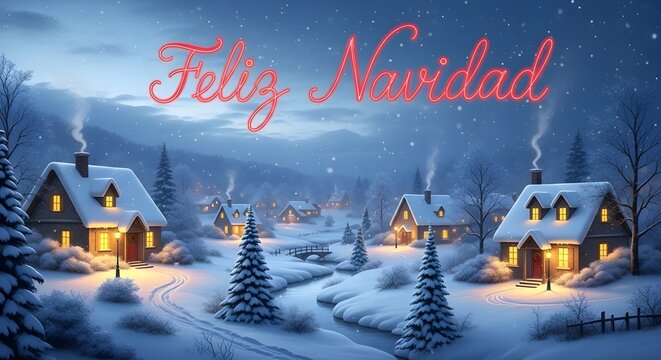 Winter village scene with "Feliz Navidad" text overlay