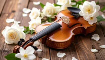 Violin with white roses on wood with music  floral background.