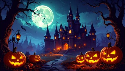 Spooky Halloween Night with Carved Pumpkins  Castle.