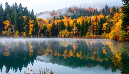 Autumnal vista of a lake reflecting vibrant fall foliage and a misty forest in the background. Soft, atmospheric lighting
