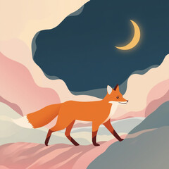 Obraz premium Orange fox walks under a crescent moon in a dreamy landscape