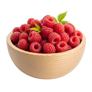 A light brown wooden bowl overflowing with fresh, ripe red raspberries and a few green leaves, isolated on a white background.