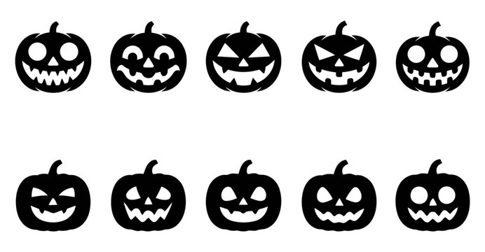 Collection of ten spooky black halloween jack o lantern faces. halloween pumpkin vector set - Powered by Adobe