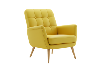 Comfortable tufted yellow accent armchair with tapered wooden legs on black background