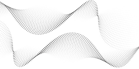 Flowing dots particles wave pattern 3D curve halftone black gradient curve shape isolated on white background. Vector in concept of technology, science, music, modern vector