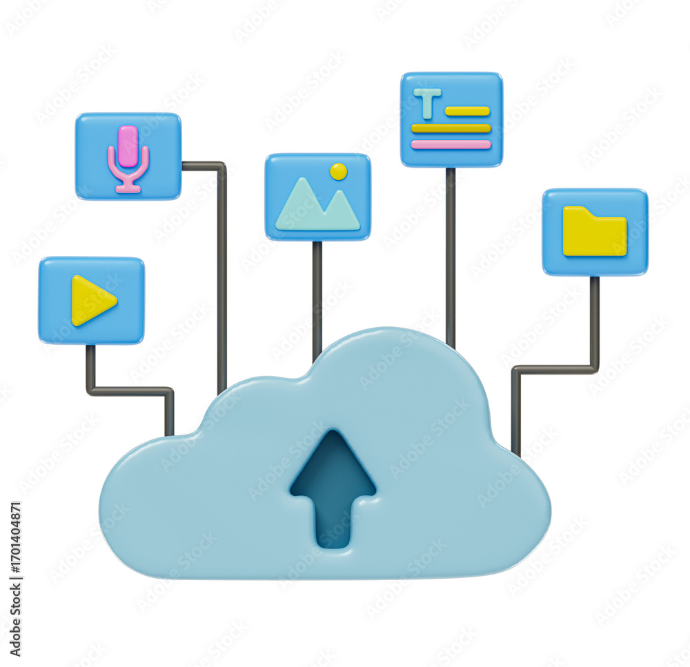 Poster cloud storage upload icon. concept of files uploading to cloud, digital data transfer. 3D rendering