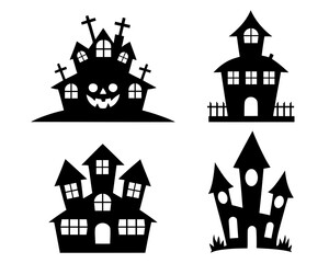 silhouettes of houses icons. Spooky halloween haunted house silhouettes collection