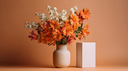 Vibrant orange alstroemeria and delicate white flowers arranged in a textured vase, creating a stunning display of natural beauty and modern elegance.