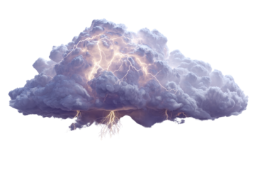 Stormy cloud with lightning and rain isolated on transparent background