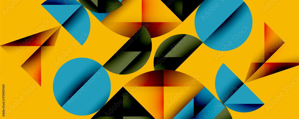 Poster abstract geometric composition. circles, triangles, squares overlap creating dynamic visual effect. 