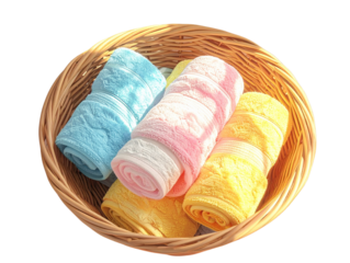  Colorful Rolled Towels in Decorative Basket, Top Angle View, Cozy Home and Bathroom Theme  