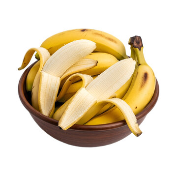 Bowl of bananas, some peeled, on a white background.
