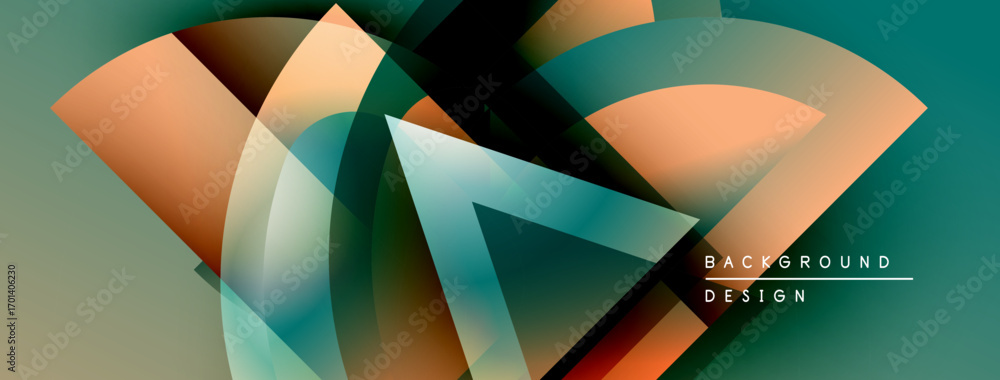 Poster abstract geometric design features overlapping shapes, gradients. teal, orange, brown hues create mo